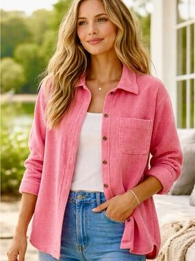 L.L.Bean Pink Waffle Knit Button Shirt | Textured 100% Cotton Overshirt M